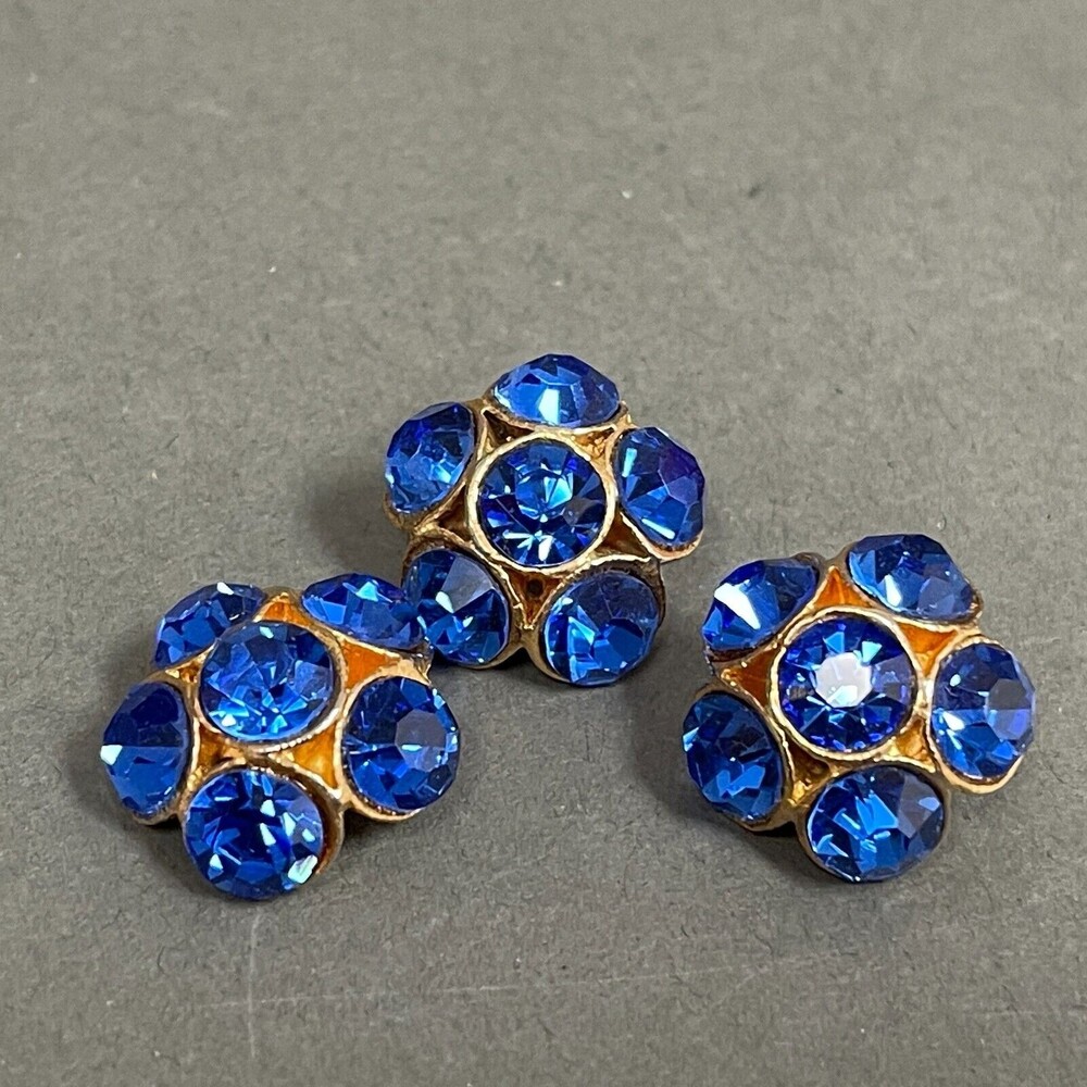 Gold-tone Metal Royal Blue Rhinestones Buttons Lot‎ of 3